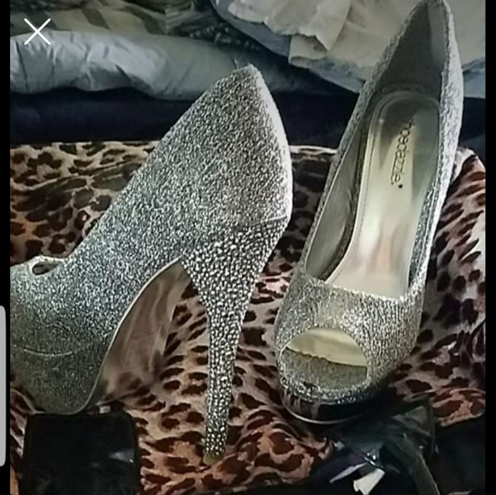 Silver, silver studded peep toe stiletto